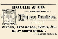 Roche & Co. vintage advertisement poster print showcasing fine wines and spirits.