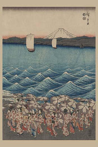 Enoshima Shrine Pilgrims Triptych Print by Ando Hiroshige featuring women pilgrims, sailboats, and Mount Fuji.