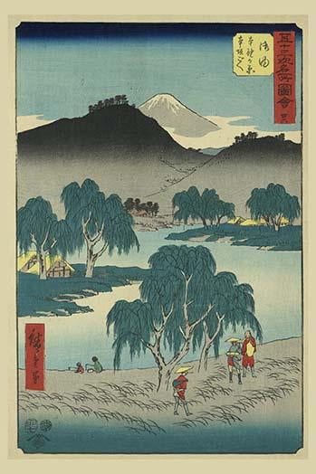 Tokaido Road Pilgrims Poster Print by Ando Hiroshige, bird's-eye view of a lake and Mount Fuji.