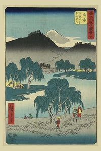 Tokaido Road Pilgrims Poster Print by Ando Hiroshige, bird's-eye view of a lake and Mount Fuji.