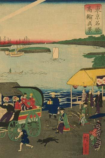 Japanese triptych print depicting a busy street scene by Utagawa Hiroshige.