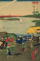 Japanese triptych print depicting a busy street scene by Utagawa Hiroshige.