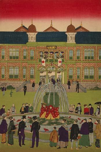 Ueno Park Triptych Print by Utagawa Hiroshige, Japanese art depicting people at a fountain.