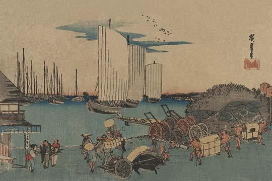 Sailing Ships in the Harbor art print by Ando Hiroshige, depicting a busy port scene.