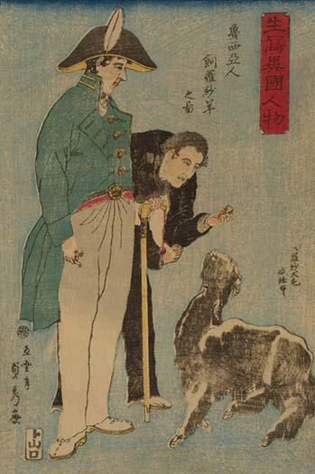 Japanese print showing a Russian military officer feeding a goat, created by Sadahide Utagawa in 1860.