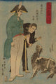 Japanese print showing a Russian military officer feeding a goat, created by Sadahide Utagawa in 1860.
