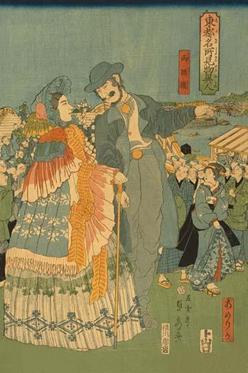Ryo-goku Bridge Sightseeing Print by Sadahide Utagawa, depicting American tourists in Edo, Japan.