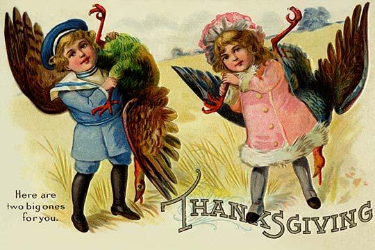 Vintage Thanksgiving postcard featuring a boy and girl with turkeys