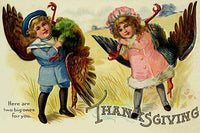 Vintage Thanksgiving postcard featuring a boy and girl with turkeys