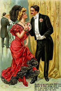 Vintage New Year Toast Postcard Print featuring a romantic couple celebrating.