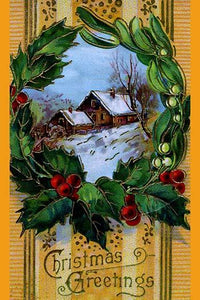 Christmas Greetings Vintage Postcard Poster Print depicting a snowy home with a holly wreath