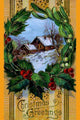 Christmas Greetings Vintage Postcard Poster Print depicting a snowy home with a holly wreath