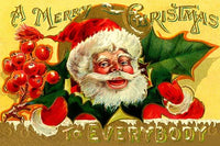 Jovial Santa Claus Postcard Poster Print featuring holly branch and berries.