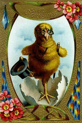 Charming Easter chick poster print with top hat and cane.