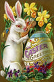Easter Bunny Rabbit Painting Easter Greetings Egg Poster Print in a flower garden.