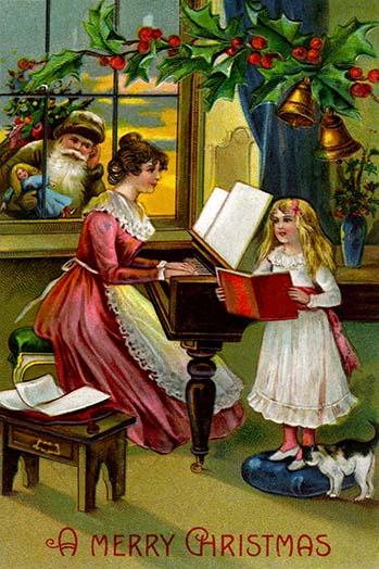 Father Christmas window scene with woman playing piano and daughter singing.