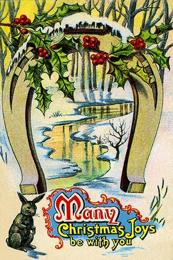 Victorian holiday postcard art featuring oversized horseshoe, holly, berries, and rabbit.