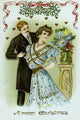 Victorian Christmas poster print featuring a gentleman and lady under mistletoe.