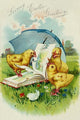 Three baby chicks under an umbrella leaf vintage postcard poster print.