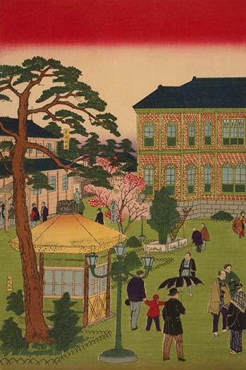 Ueno Park Triptych Print by Utagawa Hiroshige, depicting people around a fountain.
