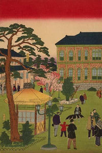 Ueno Park Triptych Print by Utagawa Hiroshige, depicting people around a fountain.