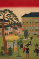 Ueno Park Triptych Print by Utagawa Hiroshige, depicting people around a fountain.