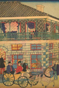 Japanese triptych print by Utagawa Hiroshige depicting people on a street