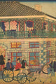 Japanese triptych print by Utagawa Hiroshige depicting people on a street