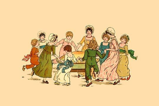 Old-Fashioned Alphabet Book Print by Kate Greenaway, nursery rhyme illustration.