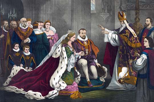 Mary Stuart and Henry Darnley's wedding ceremony poster print featuring couple bowing before a Catholic priest.
