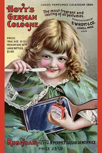 Victorian trade card poster print featuring a girl brushing her teeth with Rubifoam.