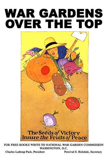 Victory Gardens Poster Print by Maginel Wright Barney featuring a boy chasing vegetables.