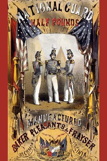 Tobacco label poster print showcasing three officers of the New York State Militia in shakos.