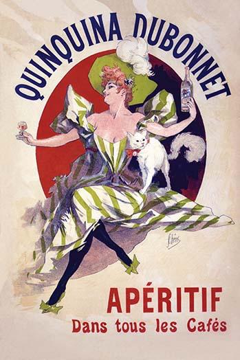 Aperitif Delight Poster Print by Jules Cheret, featuring a woman with a white cat enjoying an aperitif.