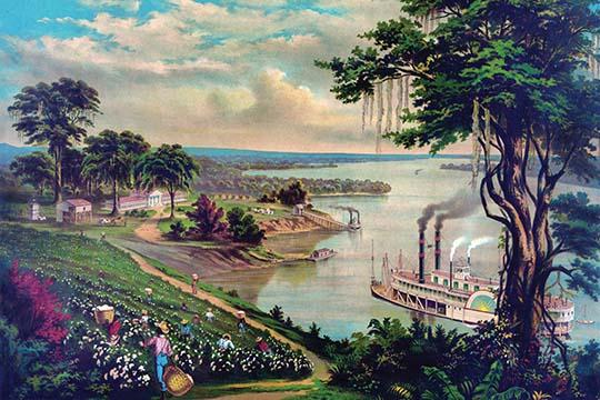 "View on the Lower Mississippi" poster print depicting African Americans picking cotton.