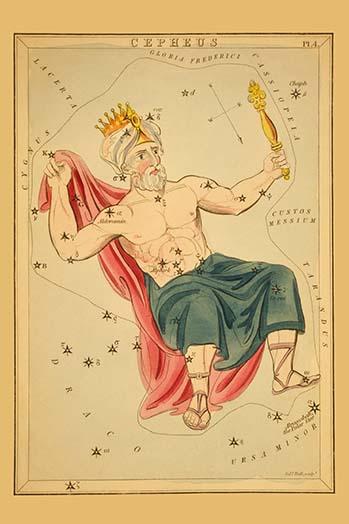 Astronomical chart poster print featuring a seated man forming a constellation by Aspin Jehosaphat.