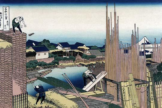 Workers Cut and Stack Timber at a Lumber Yard Poster Print by Katsushika Hokusai