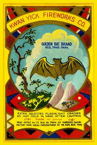 Vintage firecracker label art print by Kwan Yick Fireworks Co. featuring a golden bat logo.