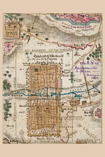 Andersonville Prison Camp layout poster print showcasing dimensions and surroundings.
