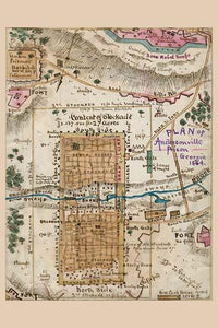 Andersonville Prison Camp layout poster print showcasing dimensions and surroundings.