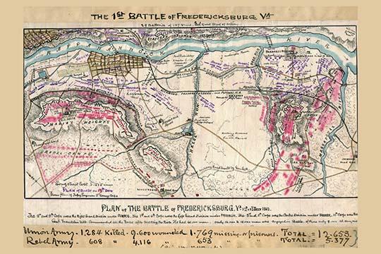 Battle of Fredericksburg Map Poster Print showing the battlefield layout from December 1862.