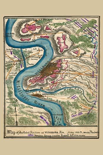Vicksburg Battlefield Map Poster Print showcasing Union troop positions and Confederate defenses.