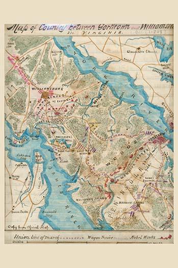 Peninsula Campaign Map Poster Print showing troop movements and geographical features.