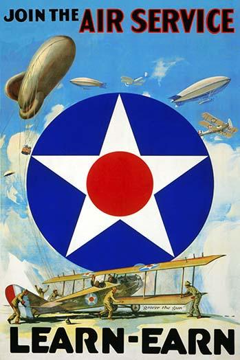 Air Service insignia poster print showcasing various aircraft and crew in the foreground.