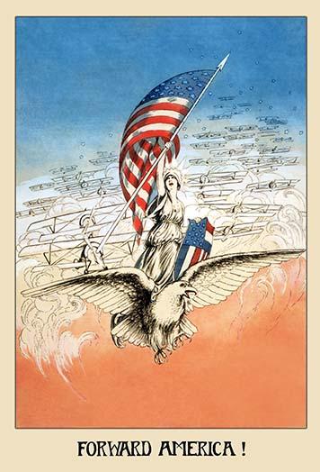 Columbia riding an eagle with American flag poster print