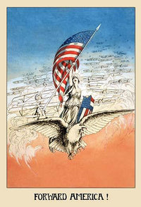 Columbia riding an eagle with American flag poster print