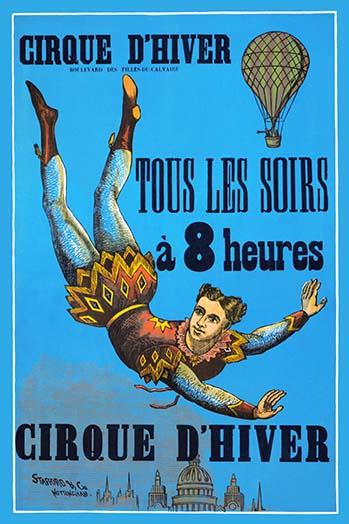 French Circus Aerialist Poster Print featuring an aerialist above a city skyline with a balloon