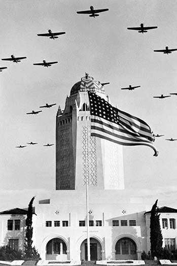 War Birds Aloft Poster Print with Old Glory and Randolph Field Tower