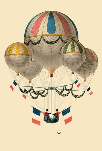 French Balloon Craft Poster Print with French Flags and Men in Flight