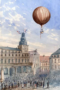 Balloon Adventure Over Town Square Poster Print featuring a hot air balloon with spectators below.